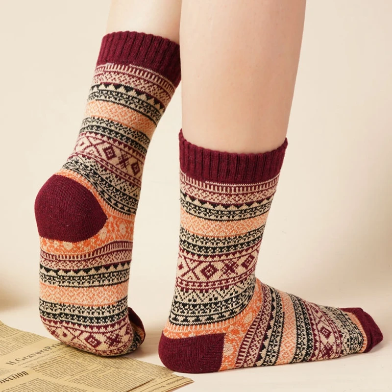 Ethnic Style Square Plaid Women Socks Vintage Style Elegant Beautiful Warm Thickened Soft Autumn and Winter Middle Tube Socks