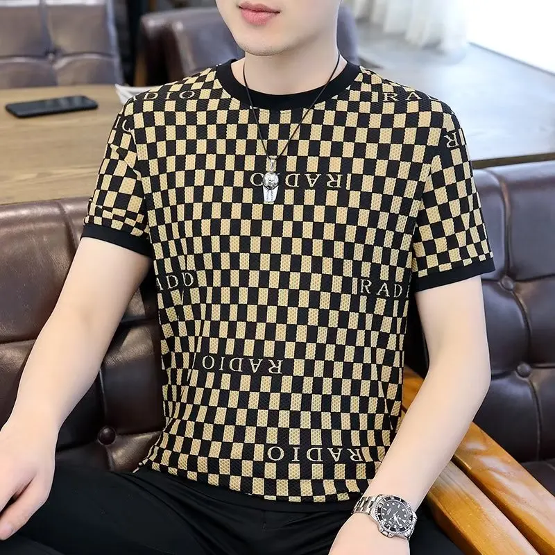 Summer New Men's Plaid Ice Silk Hollow out Short Sleeve T-Shirt round Neck Mesh Top Breathable Comfortable Slim Fit Youth Fas...
