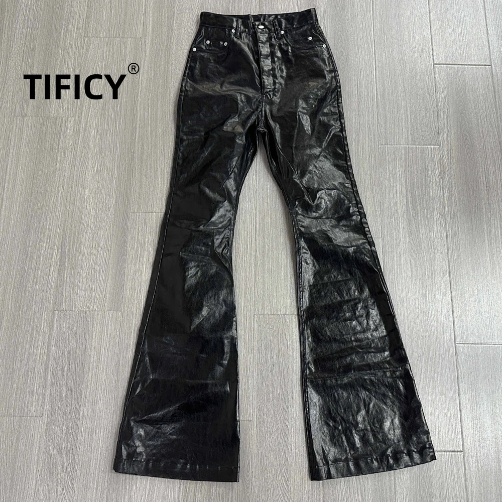 

High Street RO Style Men's Dark Coated Glossy Patent Leather Black Jeans with Wide Legs and Floor Length, Slightly Flared Pants