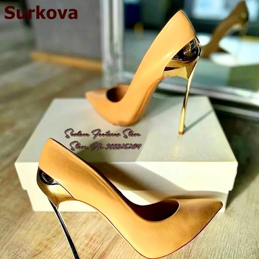 Surkova Gold Silver Metal Blade Heel Pointed Toe Pumps Pink Blue Stilettos Shallow Wedding Shoes Slip-on Party Footwear