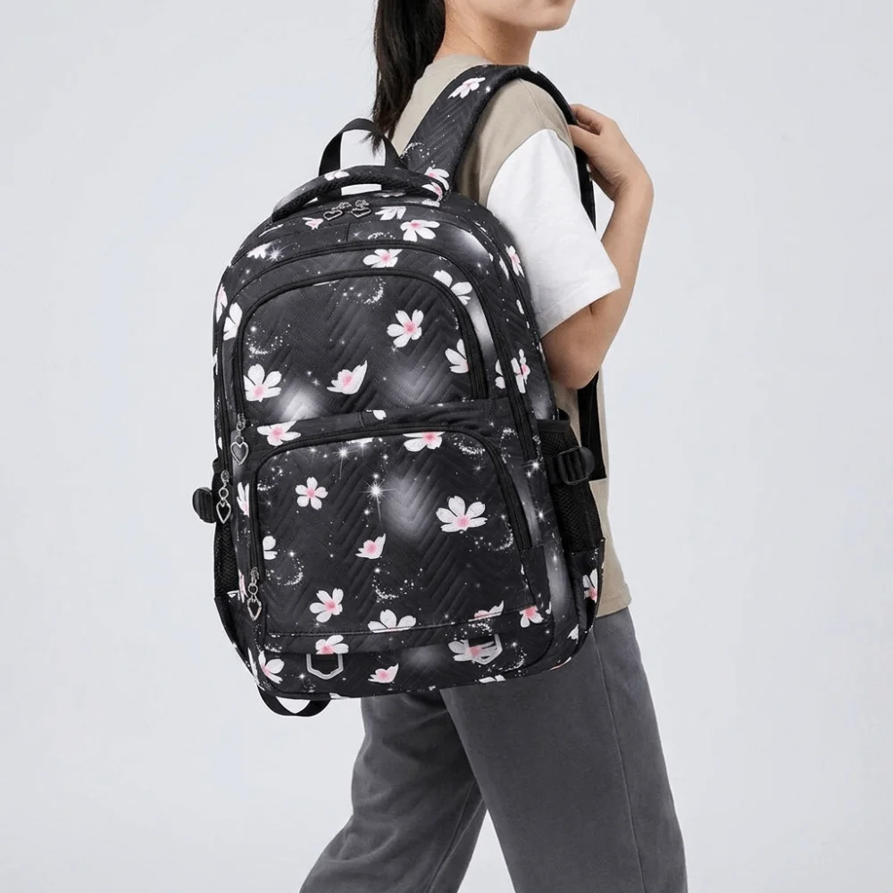 Fashion Flower Printed Children Backpack Multiple Pockets Korean Style Shoulders Bag Nylon Harajuku Student School Bag Student