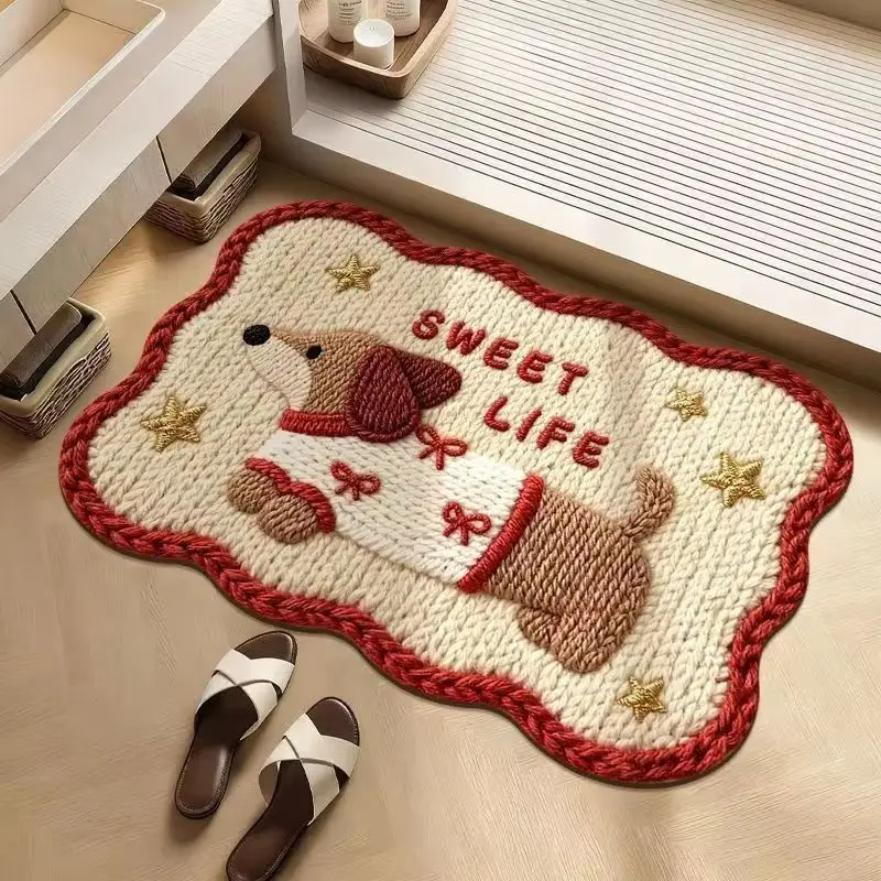 VIKAMA Korean-Style Cream-Colored Puppy Doormat, Water-Absorbent and Non-Slip Shaped Bathroom Mat, Entryway Doormat, Home Decor