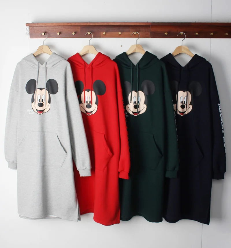 Disney Mickey Mouse sukienka jesień Cute Cartoon drukowanie 3D duży rozmiar bluzki damskie z długim rękawem moda Over-the-knee luźna bluza z kapturem