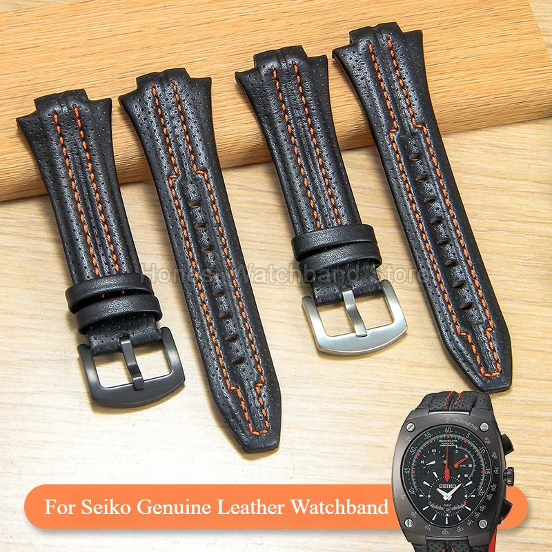 Black 15x27mm Genuine Leather Watchband for SNL017 7L22-0AE0 SNA595P2 for Seiko Sportura Series Watch Strap Convex Interface
