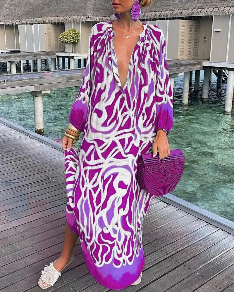 Women Sexy Deep V-Neck Maxi Dresses Bohemian Lantern Sleeve Printed Long Dress Female Vintage Holiday Loose Beach Cover Up Robe