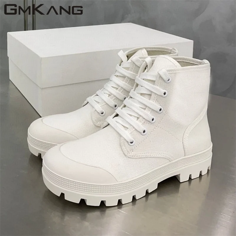 Thick Sole Short Boots Woman Canvas Boots Female Lace Up Round Toe Flat Motorcycle Boots Women High Top Sneakers Women