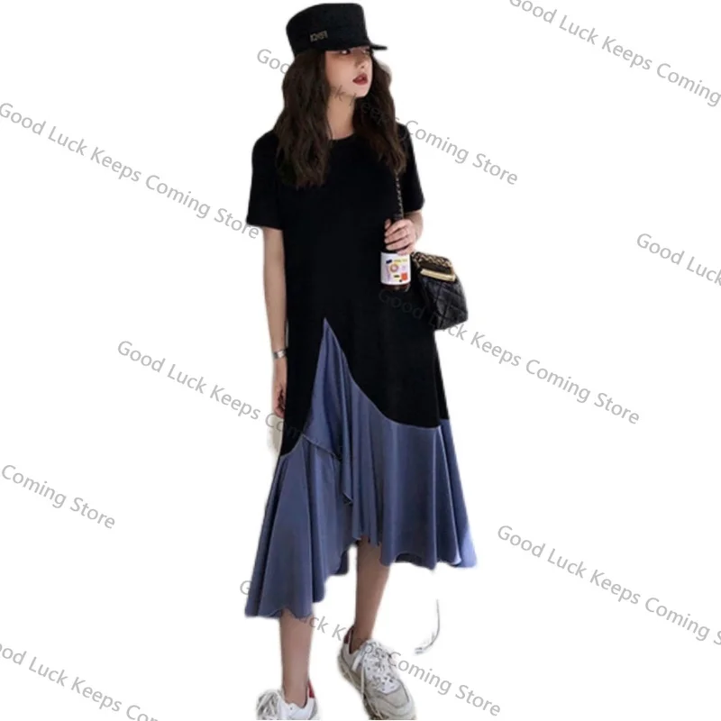 Grande taille été Dr pour les femmes coupe ample T-shirt jupe longue coréenne Sle rond Ne ort Sve a-ligne Silhouette tenue décontracté