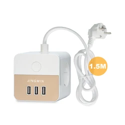 EU Cube Extension Cord Power Socket Multi-Outlet Power Strip with 3 AC Outlets and 3 USB with Switch 1.5m Cable for Home Office