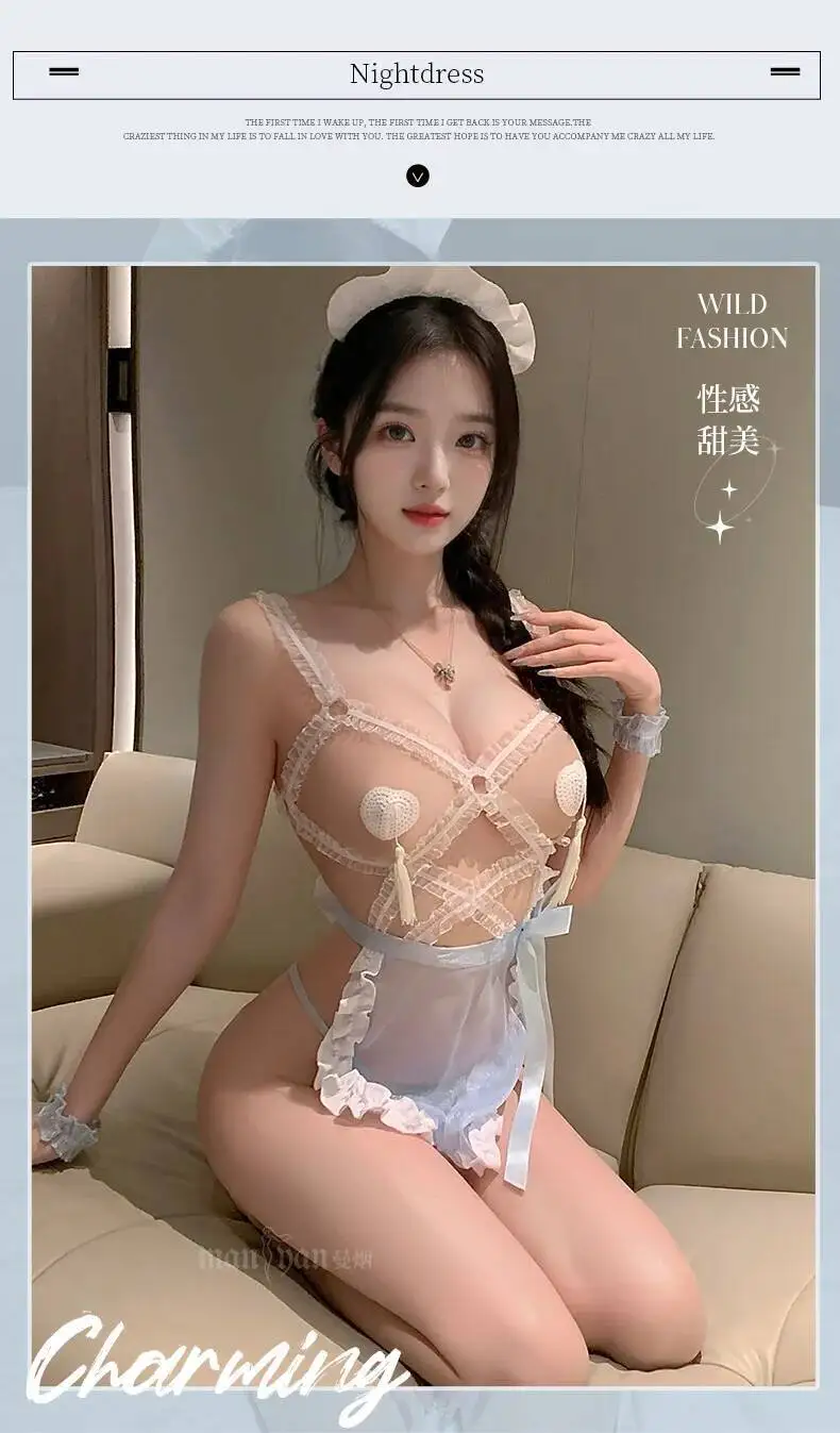 Sexy Women's Sexy Hollow Out Beautiful Back Lace-up Strap Dress Sweet Cute Maid Mini Transparent Dress Home Wear Charming GHGD