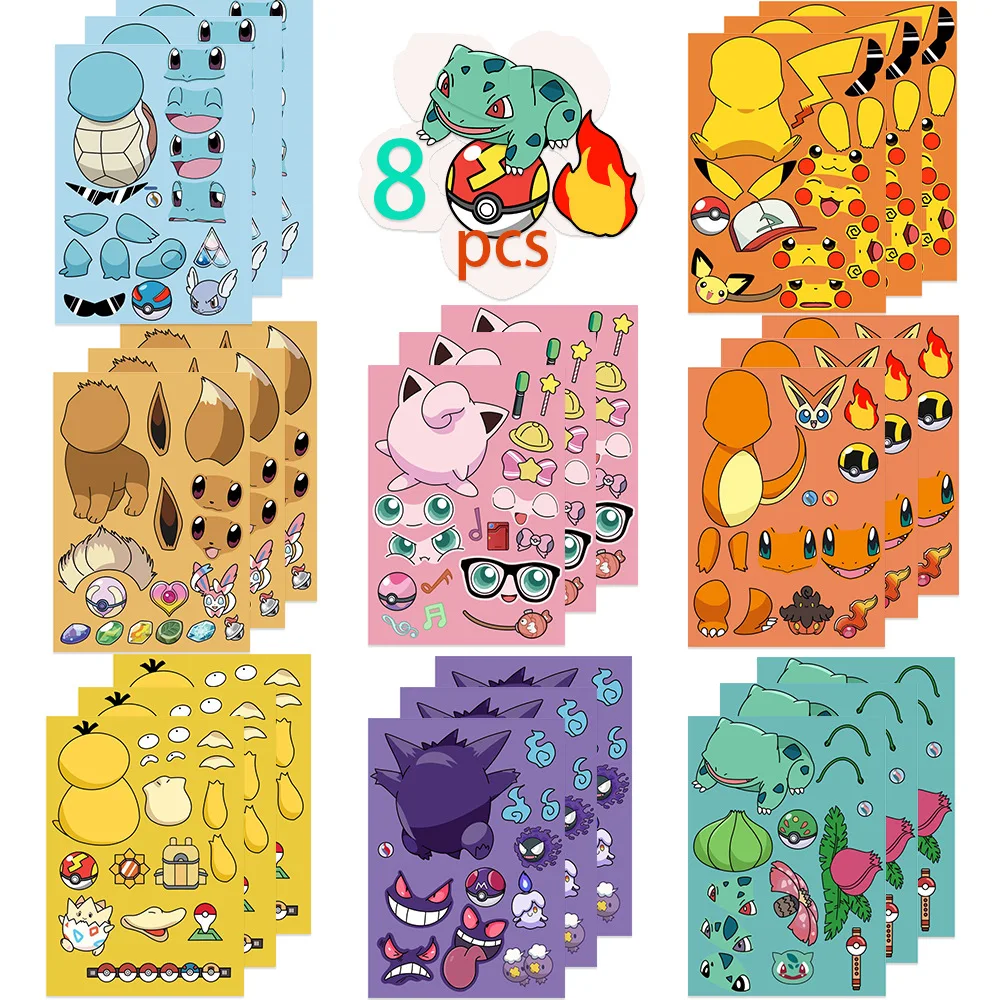 8pcs Cartoon Anime Pokemones Puzzle Anime Children DIY Charizard Stickers Assemble Funny Game Decal Jigsaw Kids Boy Toy Gift