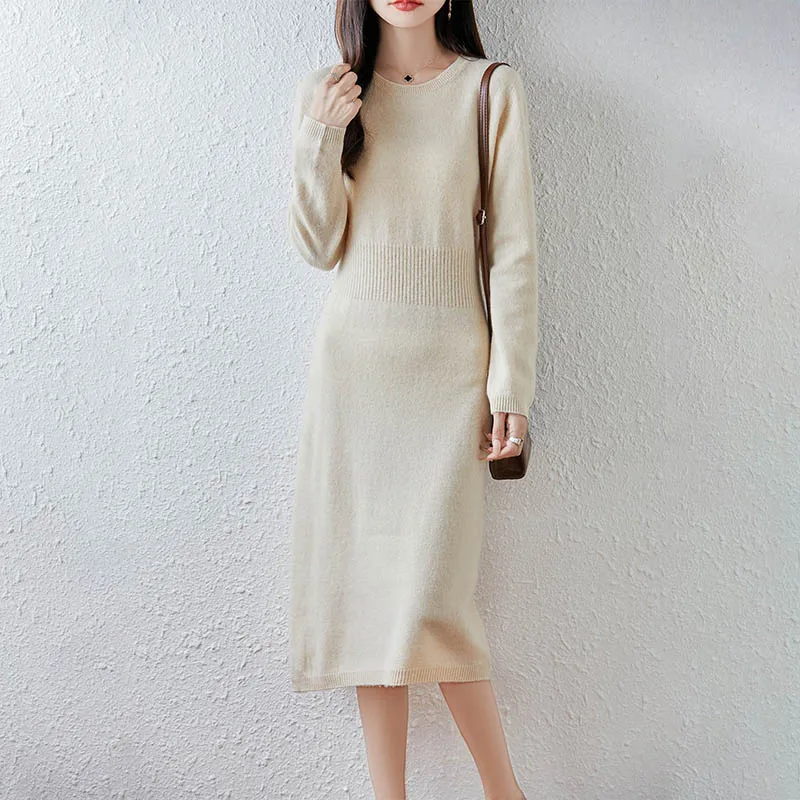 2025 New Women's Long Waisted Sweater Dress 100% Merino Wool Warm Knit Dress Long Sleeve Crewneck Elegant Minimalist Smart