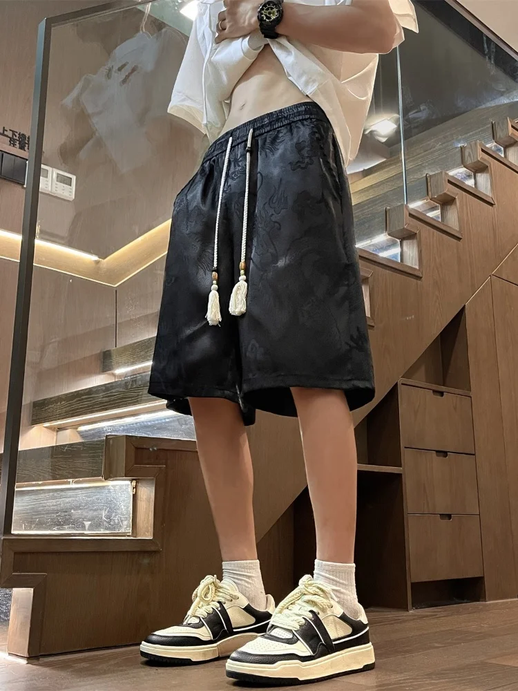 

New Chinese Sle Dragon Pattern Ice Silk Men's orts Summer Thin Qui Dry Breathable Loose Fit Casual Pants Five-Quarter L...