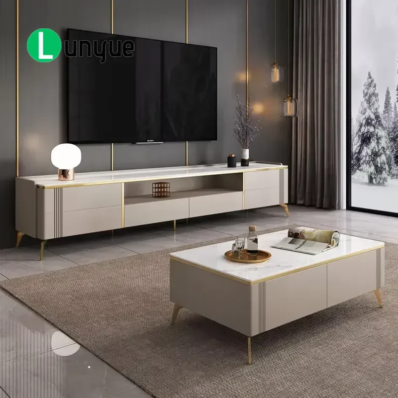 Modern White Marble TV Cabinet and Coffee Table Combo Luxury Console Stand for Living Room Corridor Storage Furniture
