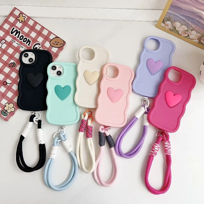 A 52 53 13 23 33 Love Heart Wavy Silicone Case On Samsung Galaxy A52 A53 A13 A23 A33 A73 A32 4g A12 Lanyard Wrist Strap Cover