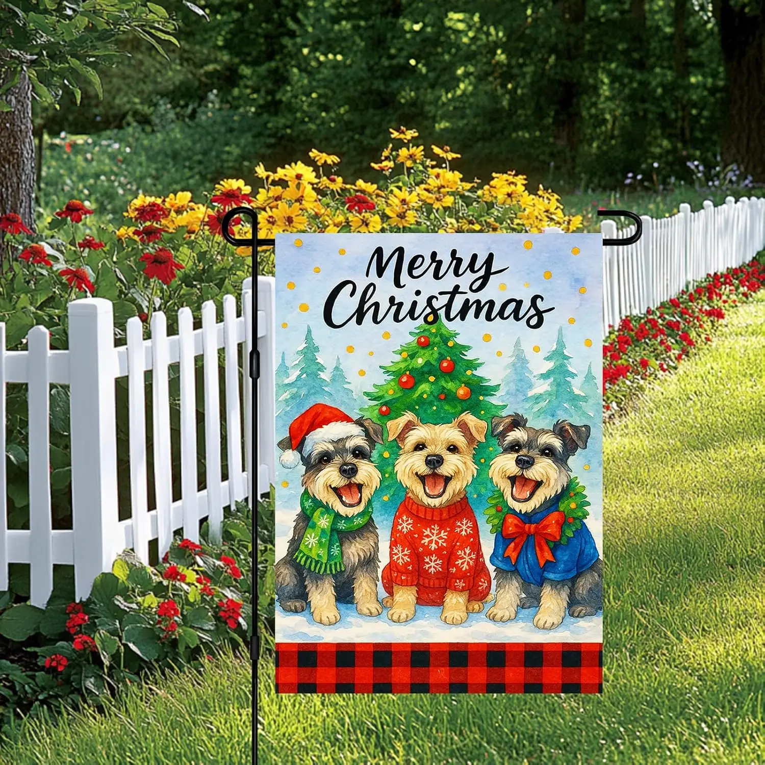Merry Christmas Garden Flag Double Sided 12x18 Inch Schnauzer Christmas Dog Holiday Yard Flag Winter Tree Snow Scene Outdoor AAO