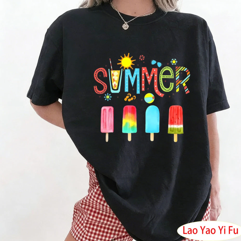 Hello Summer Vacation Ice Cream Popsicle Ice Lolly Gifts T-Shirt Women T Shirt Colorful Ice Cream Stick Patterns Clothes