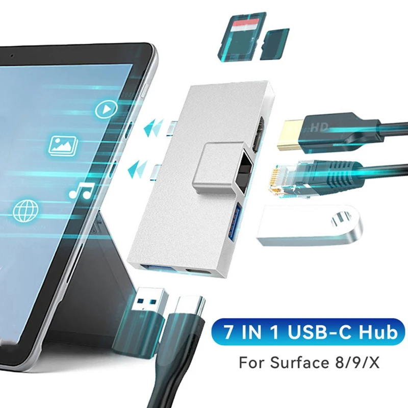 AF91-7-In-1 Stasiun Dok Tipe-C Hub Pro 8 9 X dengan Pembaca Kartu Memori 4K RJ45 USB 3.0