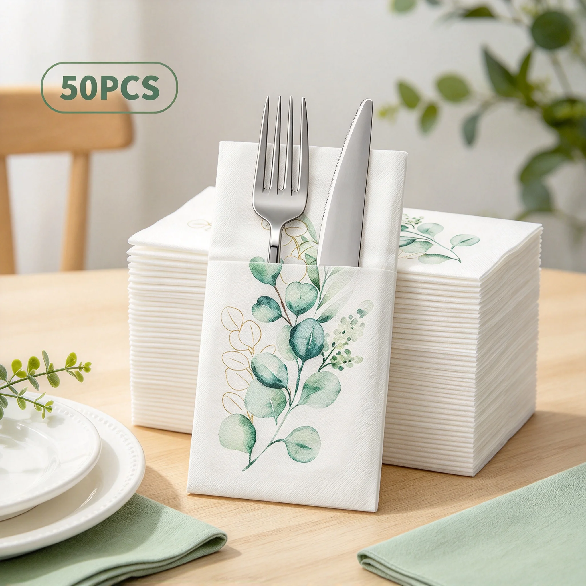 50PCSLinen Feel Eucalyptus Paper Napkins with Built-in Flatware Pocket,Disposable Pre-Folded Napkin for Silverware Wedding Party
