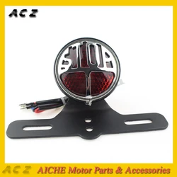 Motorcycle 12V Round Red Stop Vintage License Plate Mount Tail Light Brake Light Lamp for Harley Bobber Chopper Custom