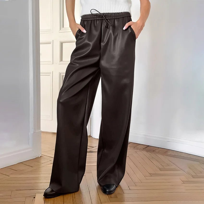 2025 Autumn Winter Fashion Gray Fleece-Lined Matte Leather Pants Vintage High-Waisted Women's Casual Trousers