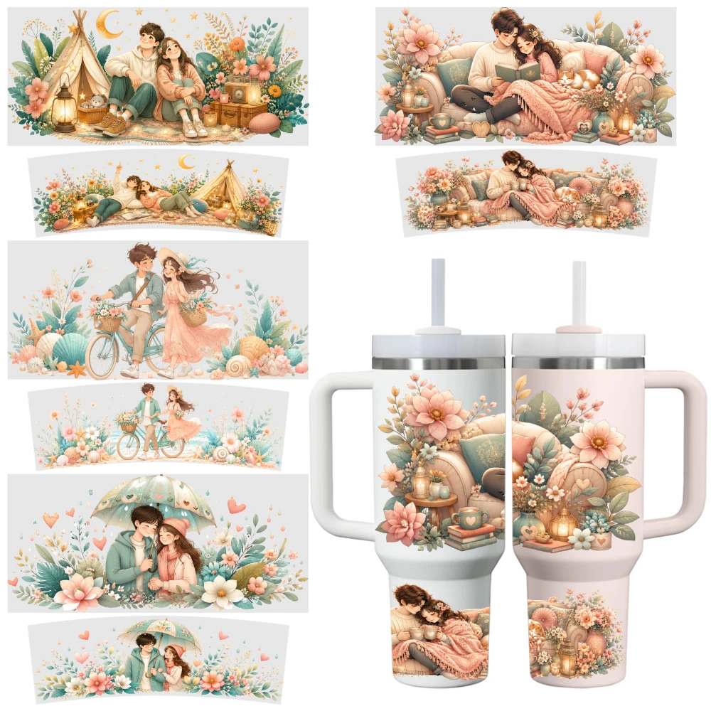 4 Sheets Romantic Floral Couple Camping Reading Cycling Umbrella Garden UV DTF Stickers for 40oz Tumblers Vinyl Decal Set