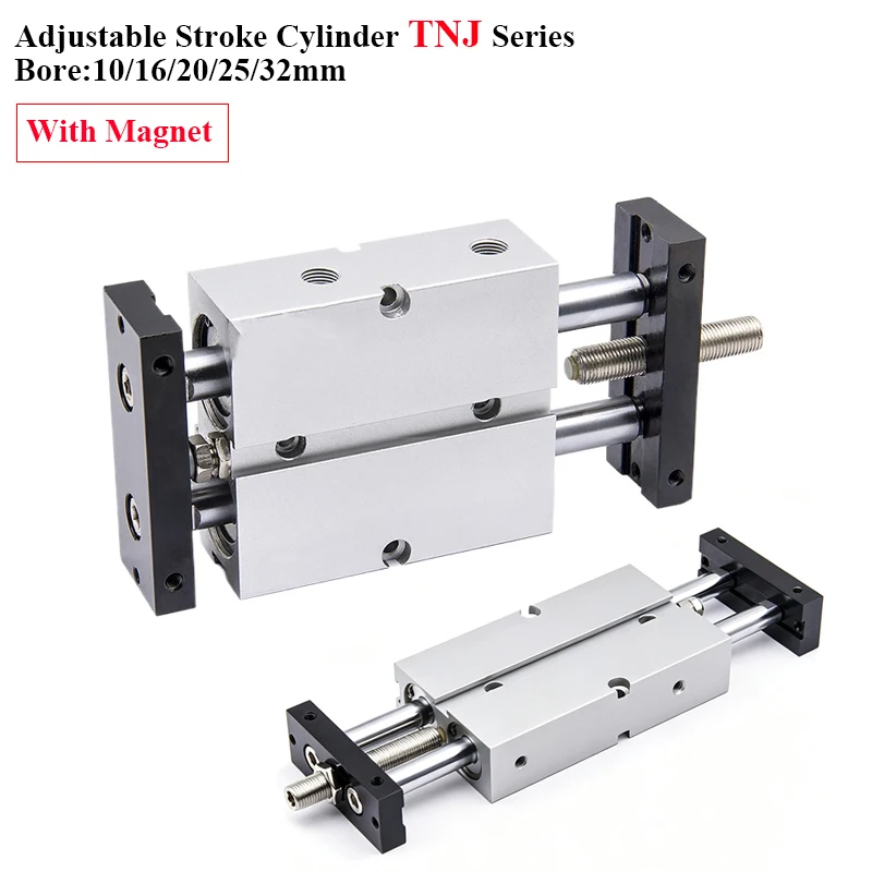 TNJ10 16 20 25 32mm Bore Stroke 20 to 100mm Adjustable Stroke Double Shaft Double Rod Air Pneumatic Cylinder