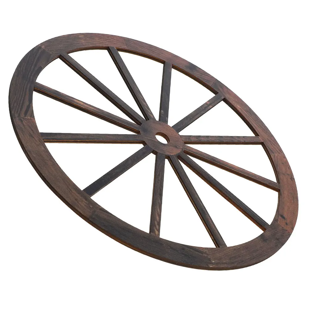 

Vintage Wooden Wagon Wheel Decor Rustic Wall Art Farmhouse Cartwheel Solid Wood Brown Hanging Ornament For Home Bar Garage Yard