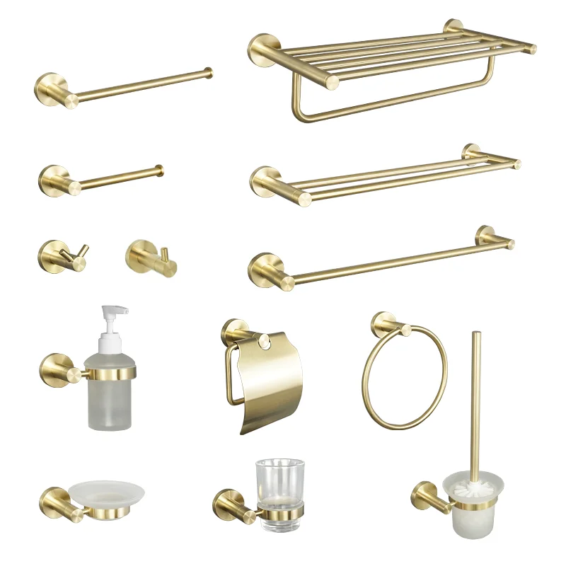 

Wall Mounted Towel Bar Brushed Gold Stainless Steel Round Toilet Paper Holder Bathrobe Towel Hook Bathroom Accessory Kit