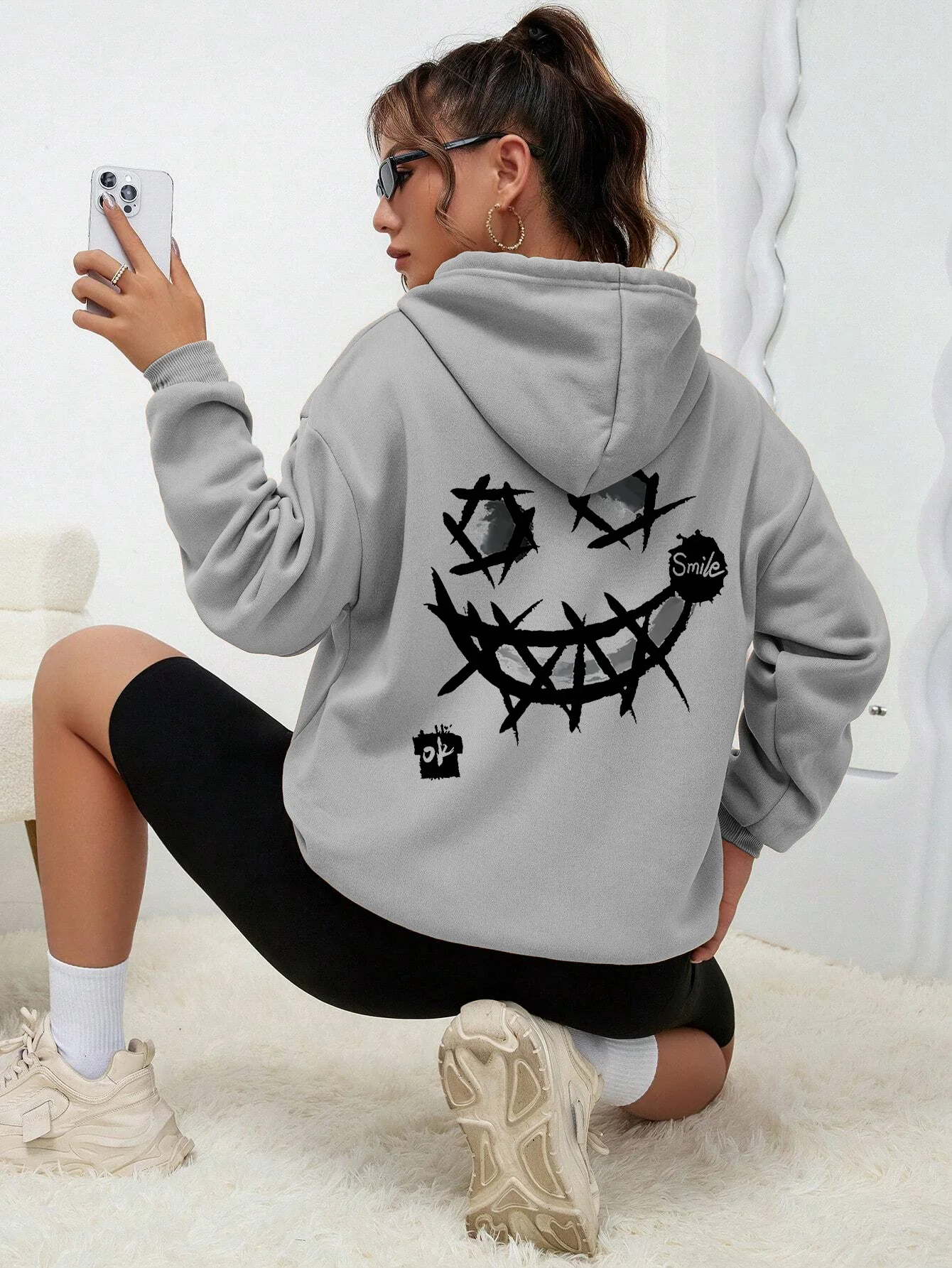 

Please Smile, Okay Interesting Patterns Sweatshirt Women Harajuku Fashion Hooded Warm Casual Hoodies Autumn Oversize Tops