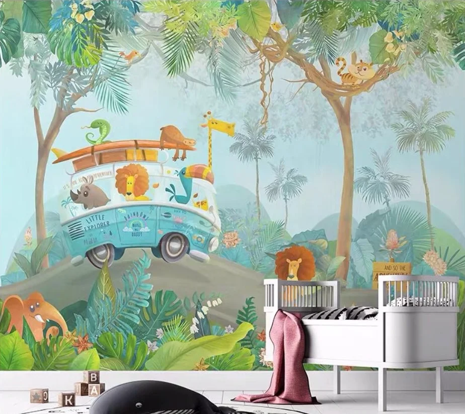 Children's room wallpaper cartoon forest animal wallpaper bedroom kindergarten environmentally friendly customized mural