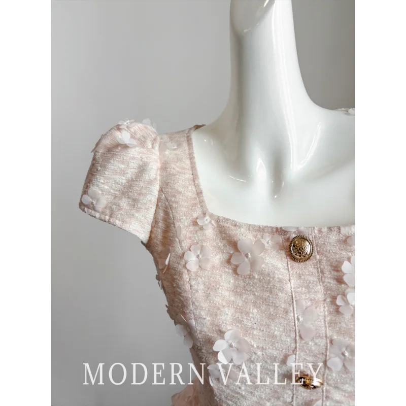 핑크 스퀘어 칼라 빈티지 향수 드레스 여성 여름 프랑스어 고품질 짧은 소매 달콤한 파티 결혼식 여성 짧은 드레스