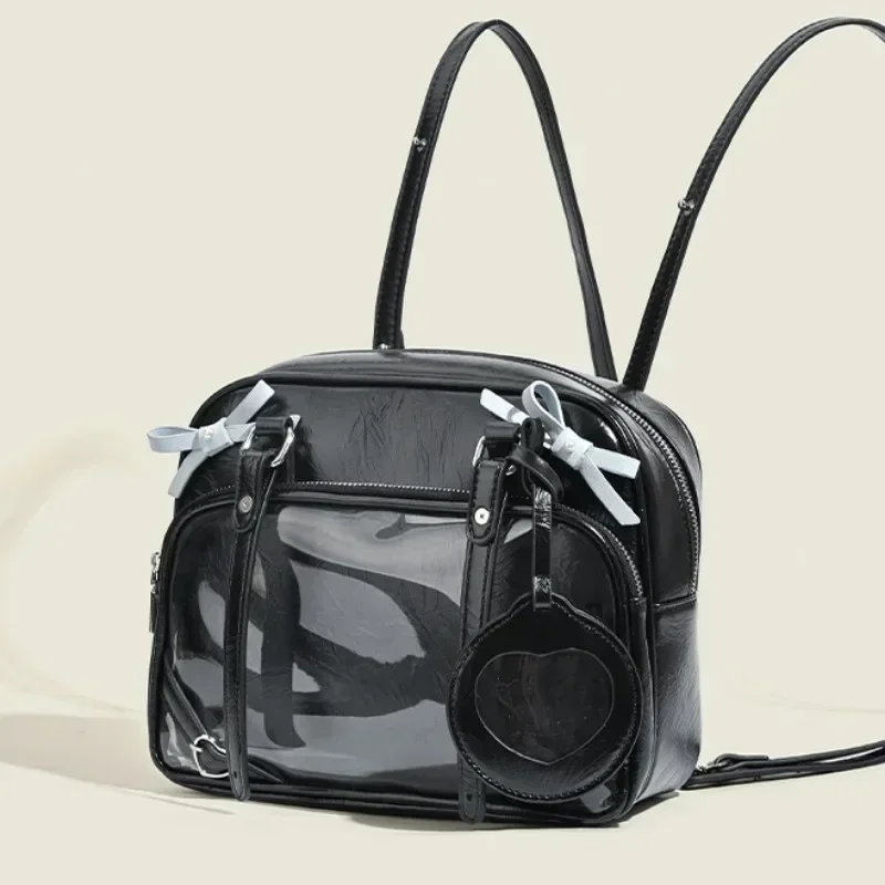 

2025 New Y2k Cute Womens Backpack Silver Transparent Lolita Jk New Fashion Backpack PU Leather Bow Vintage Kawaii Aesthetic Bags