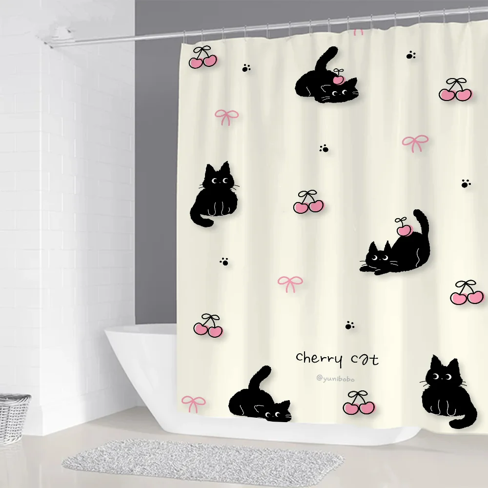 Japanese Black Pink Cute Cherry Cat Shower Curtain for Bathroom Accessories Set Folding Partition Bath Curtains Bedrooms Showers