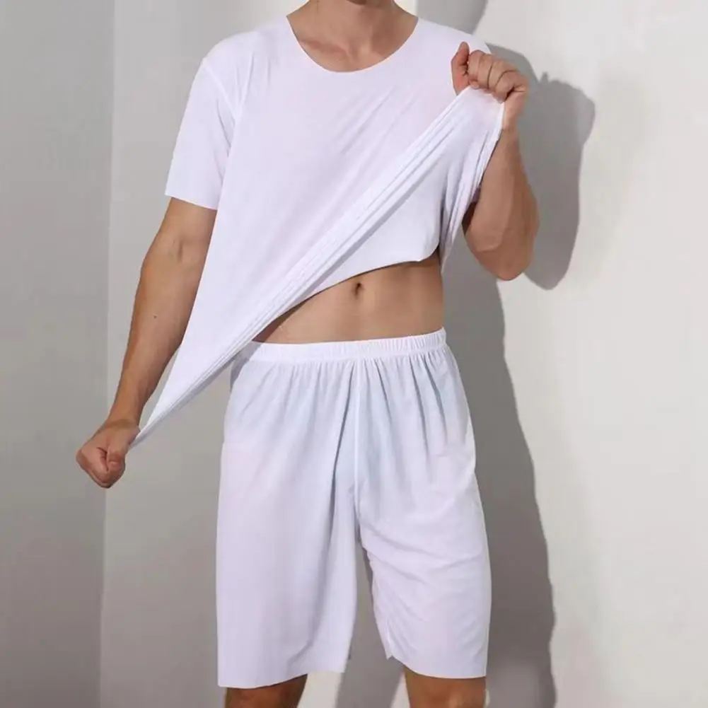 Short Sleeve T-shirt Shorts Set Men's Sport Tracksuit Short Sleeve T-shirt Wide Leg Shorts Set Comfortable Ice Silk Sleepwear