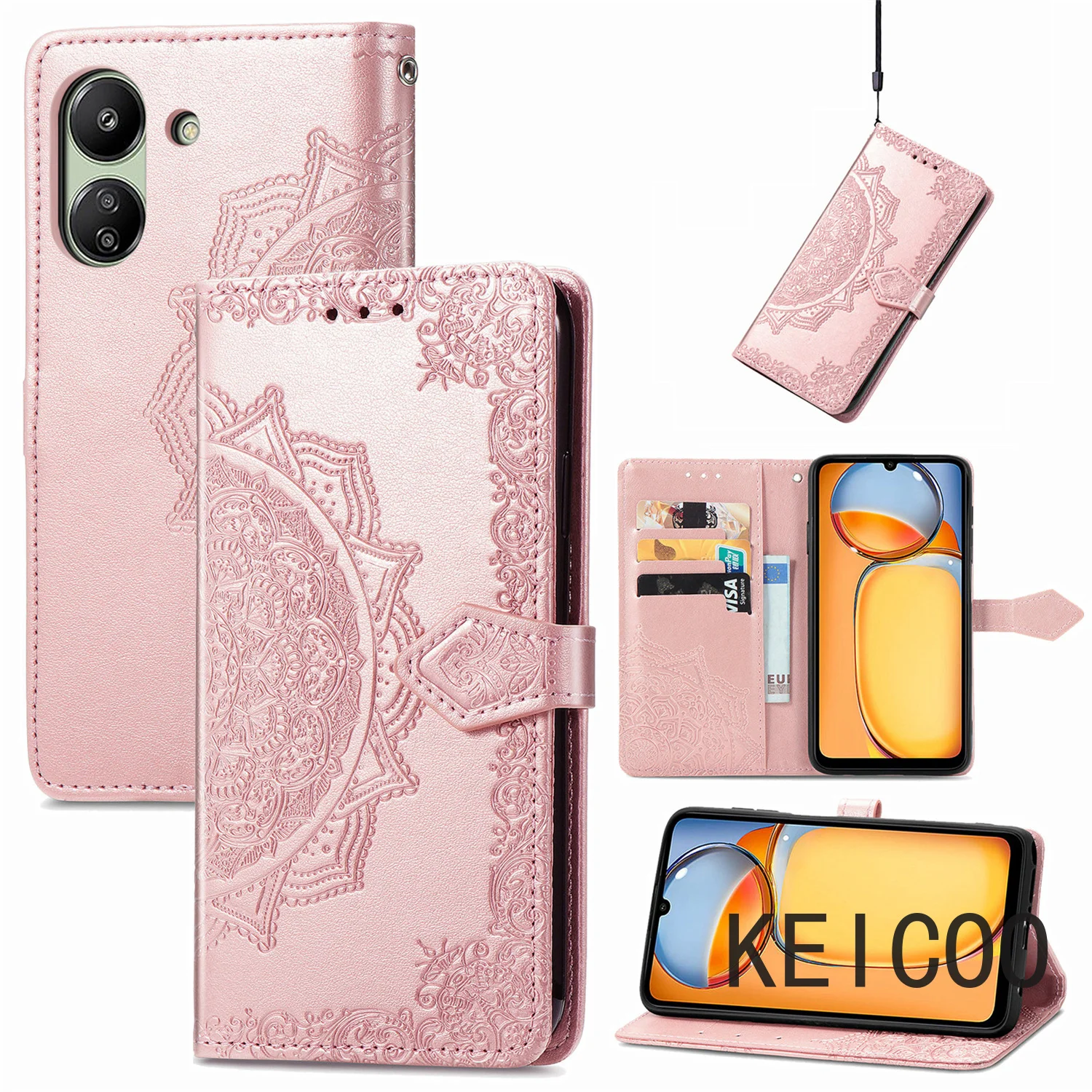Pokrowiec z zamkiem magnetycznym do Xiaomi Redmi Note 13C 13 Pro Plus 13 Pro Wzorzyste etui z reliefem Mandala Shell Wallet Clip Solid Color Case