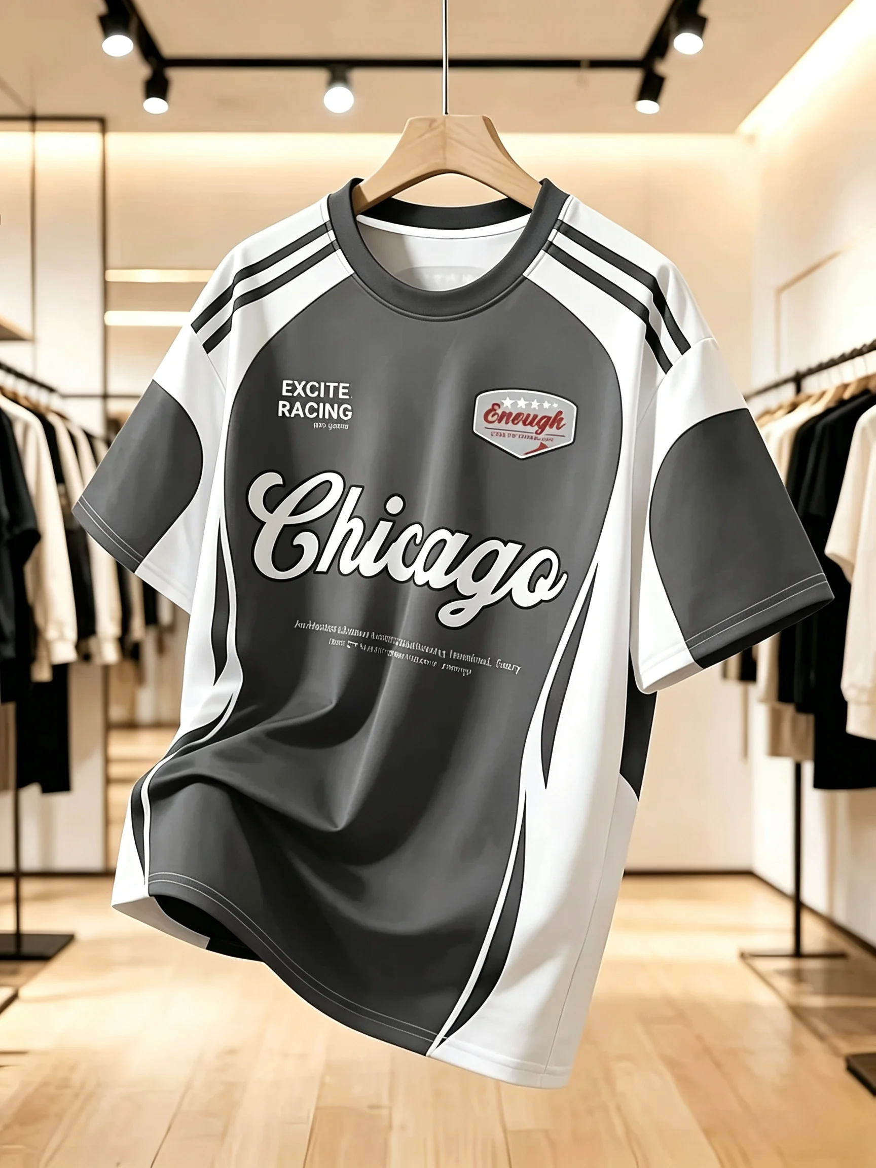 Retro Chicago racing pattern sweatshirt, loose-fitting street style short-sleeved T-shirt