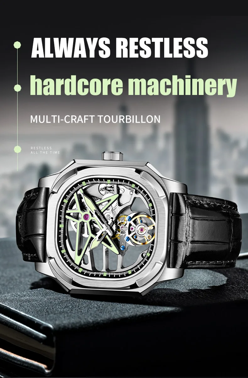 Ready Stock AESOP（manual7052G）Tourbillon Skeleton Mechanical Watch Men's Luxury Business Watch 42.5MM Waterproof