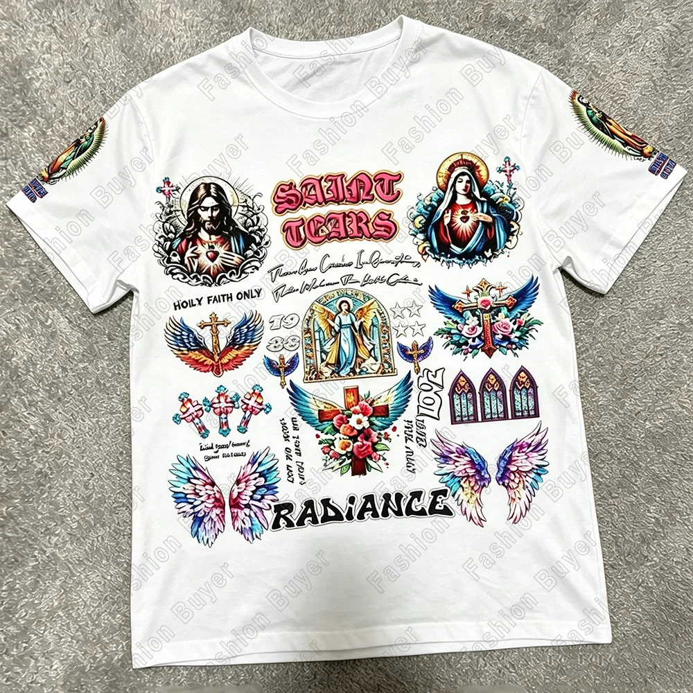 Retro-style Virgin Mary and Jesus Graphic Print T-Shirt Unisex Short-sleeved Harajuku Street Y2K Casual Fashion Tops Cloths