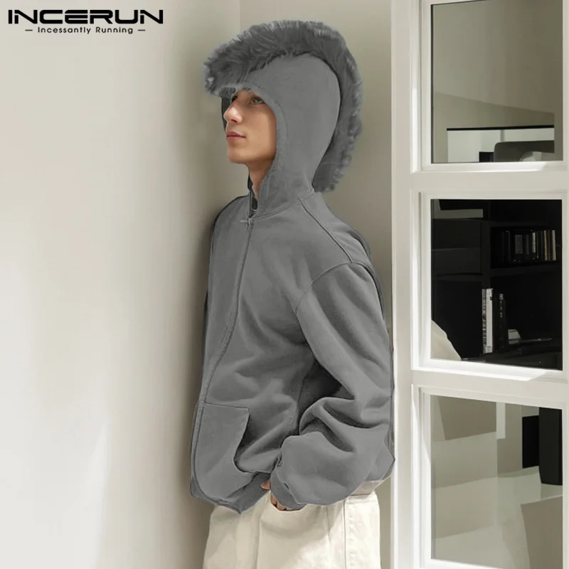 INCERUN Men's Patchwork Plush Hoodies Tops American Style Fashion Personality Casual Male Solid Long Sleeved Hooded Sweatshirts