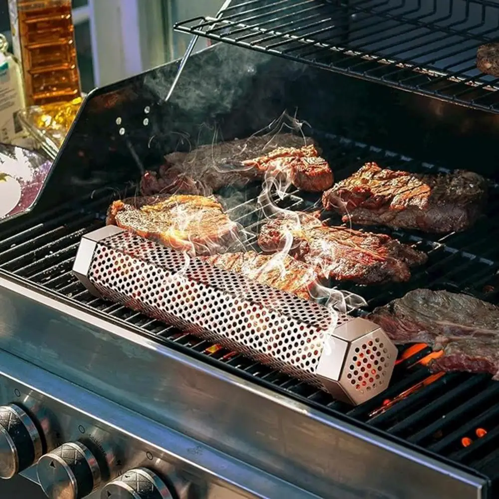 Pellet Tube Stainless Steel BBQ Smoke Tube With Ventilation Holes Heat-Resistant Reusable Smoke Grill Tube Camping Accessories