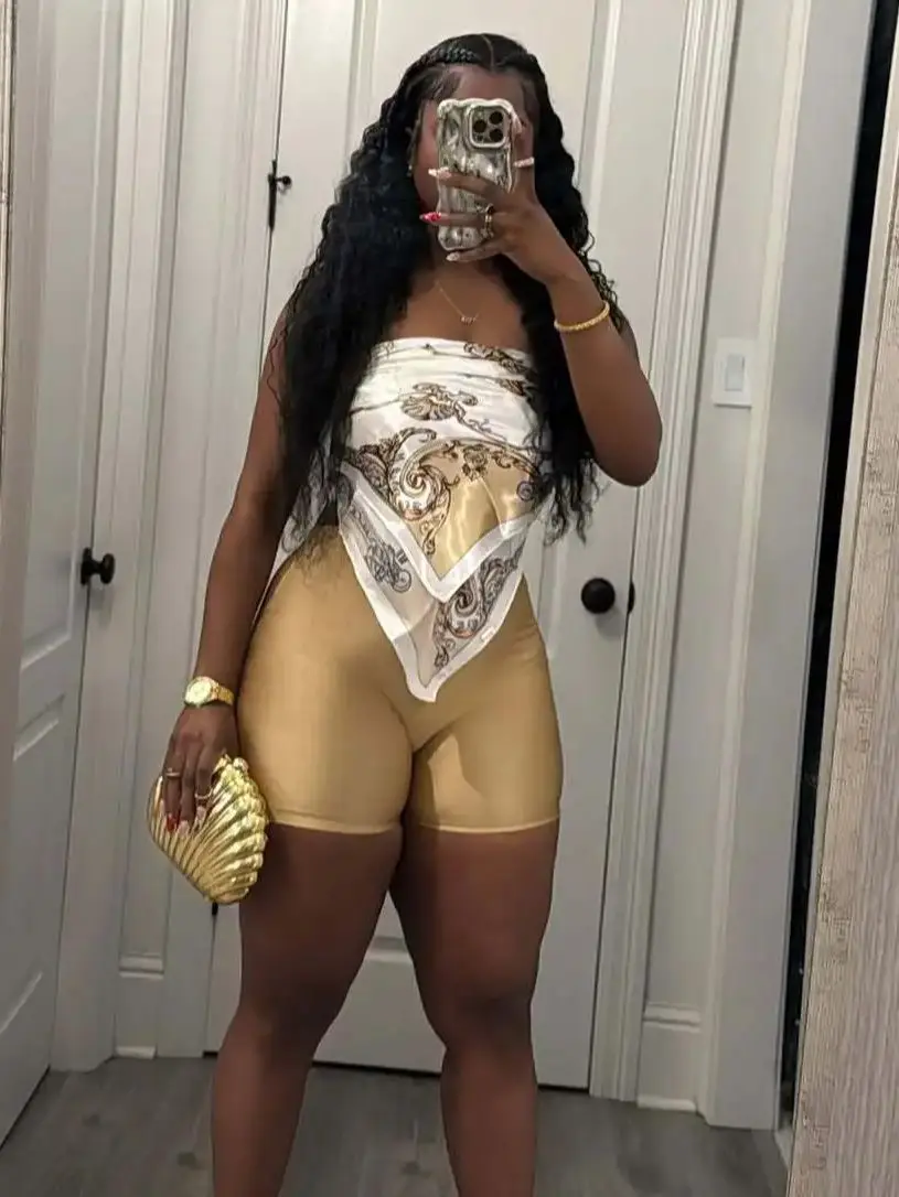 

Whatiwear Sexy Fashion 2 Piece Set Women Colorful Print Irregular Corset Tops+Skinny Wrap Hip Shorts Hottie Hipster Streetwear