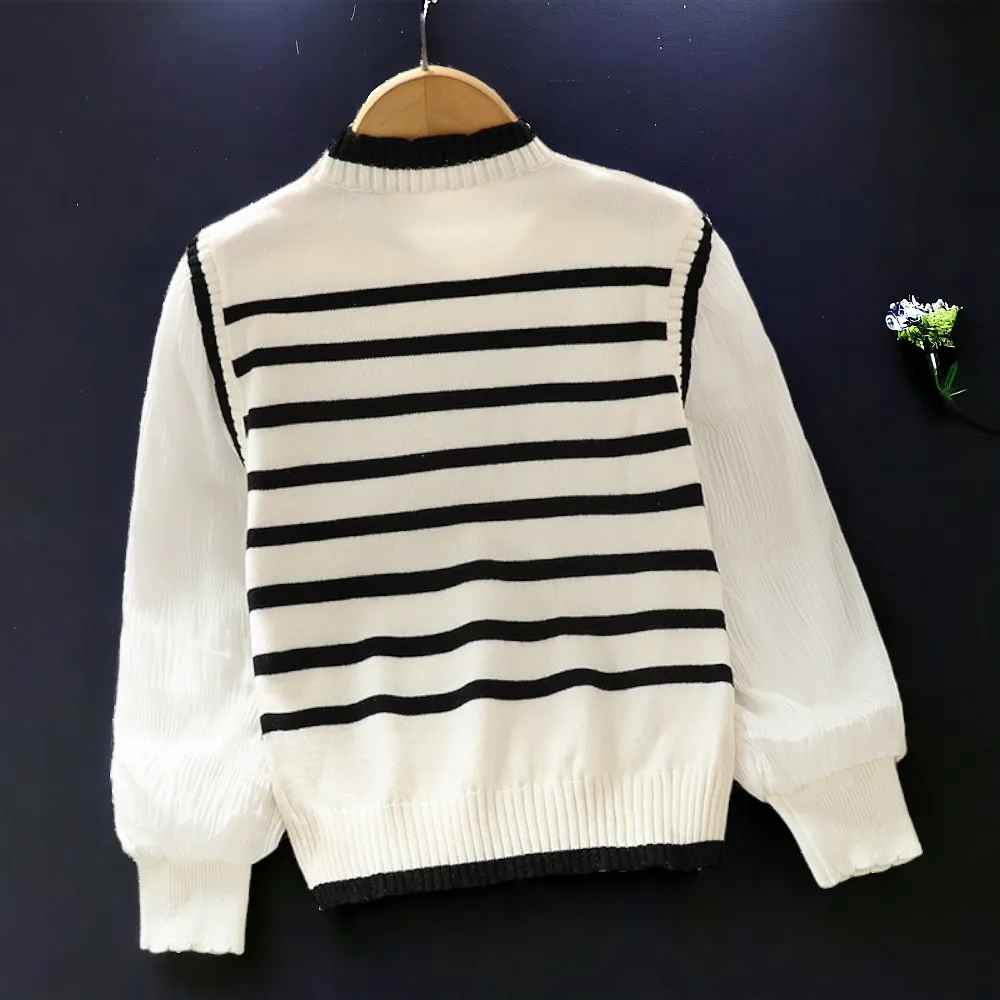 Autumn Spring Cute Kids Outfits Sweaters for Girls Tops Stripe lace knitwear Baby Lolita Costumes Kidswear 4 5 6 7 9 11 13 Year