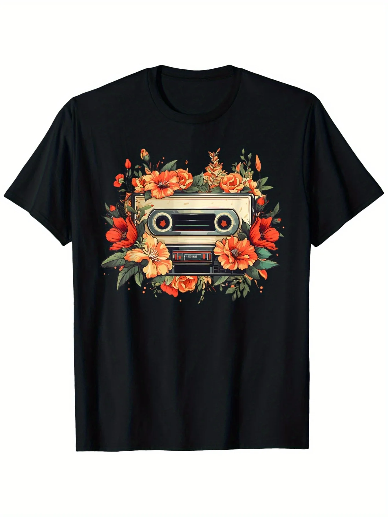 

Men's Vintage Cassette Player Graphic Tee - 100% Cotton, Floral Design, Relaxed Fit - Perfect T-Shirt for Music Lovers