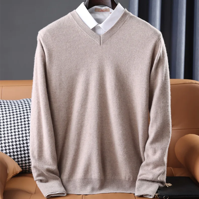 Men\'s 100% Pure Wool Sweater V-Neck Loose Pullover Fall Winter New Large Size Knitted Bottom Shirt Korean Business Casual Top