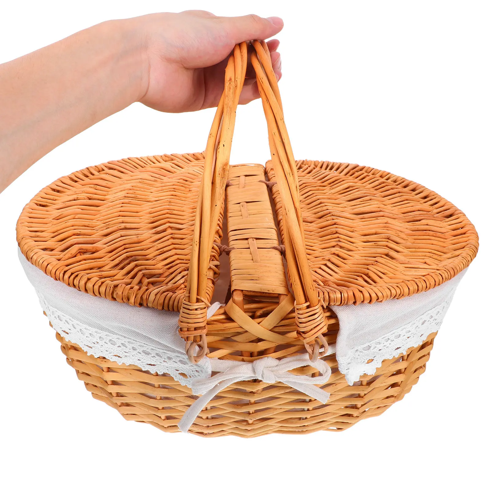 Willow Picnic Basket Vintage Wicker Hamper with Double Folding Handle Removable Washable Liner Rustic Outdoor Picnic Camping