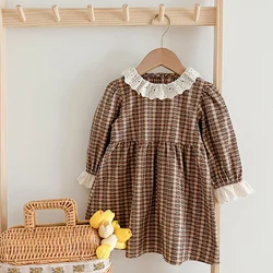 1-6Yrs Princess Girl Dress Autumn Birthday Party Lace Kids Toddler Girl Dresses Brown Grid Infant Baby Clothes Children Outfits