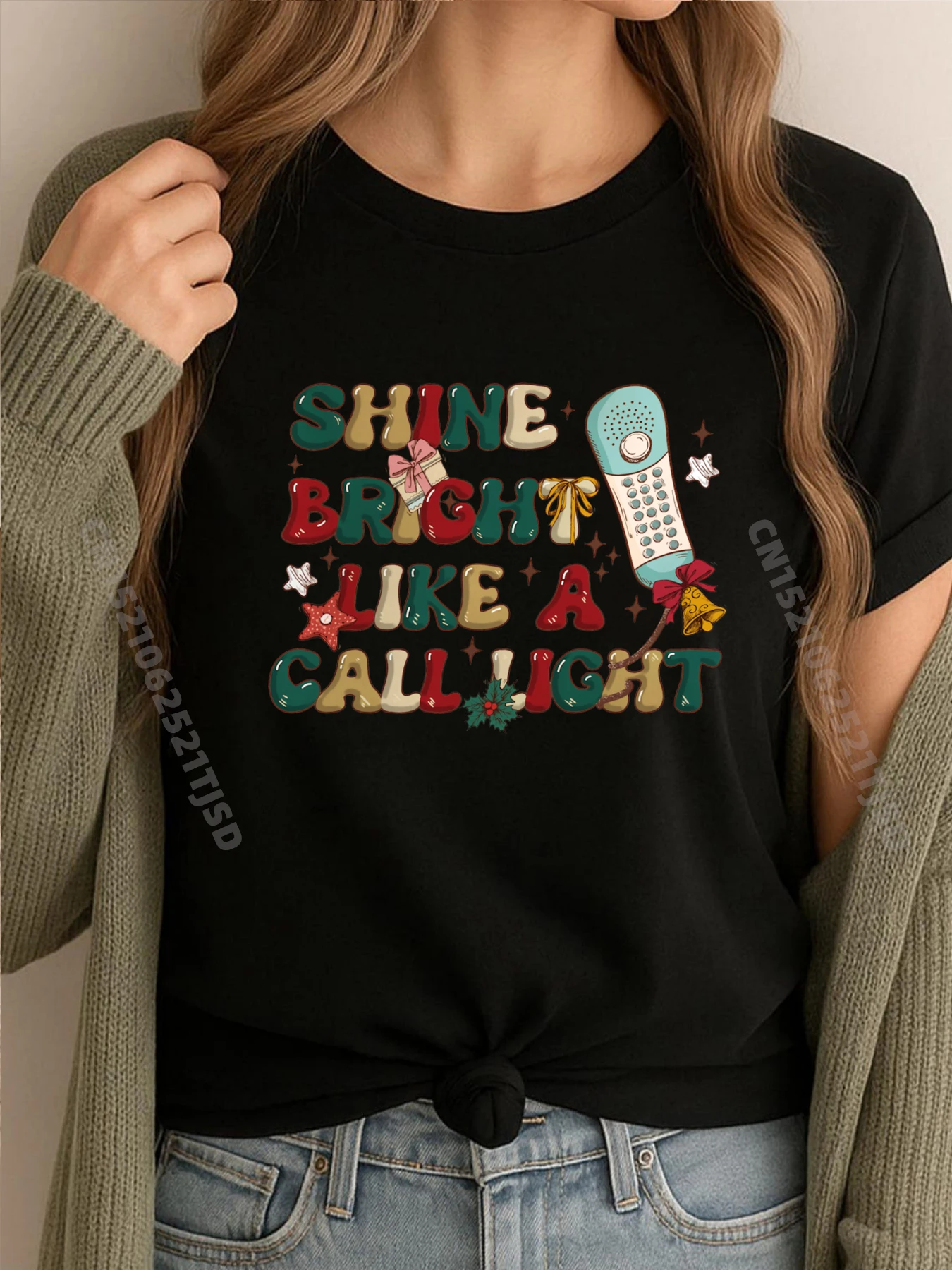 

Groovy Shine Bright Like A Call Light Rn Nurse Christmas Graphic T Shirts Woman Oversized Men's Clothes