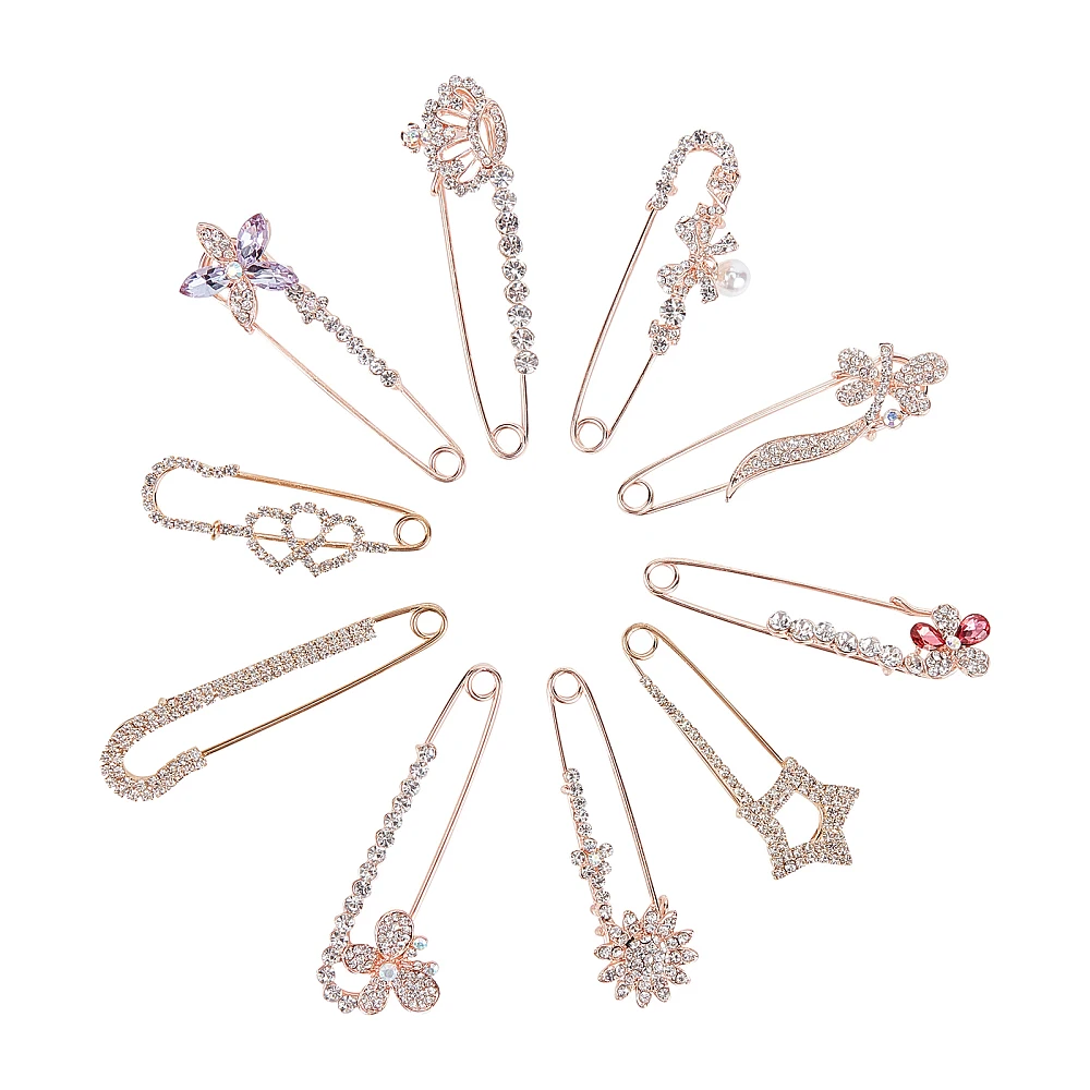 

1 Box Alloy Rhinestone Safety Brooch Mixed Shapes Rose Gold 18.9X11.2X1.7Cm 10Pcs/Box