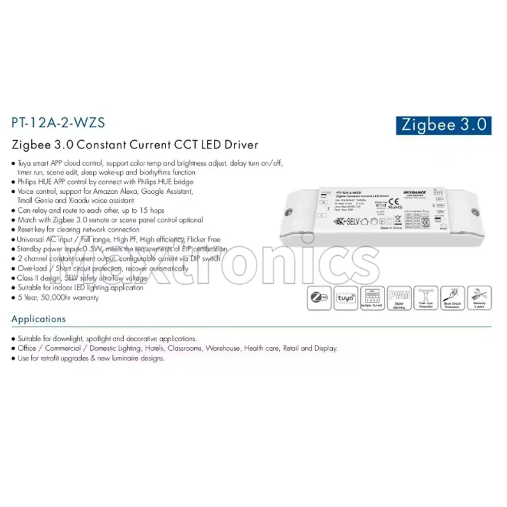 12W Zigbee 3.0 Constant Current LED Driver 100-700mA/ 2x(150~450)mA Tuya App Control for LED Lights 10-42V Dimmable Power Supply
