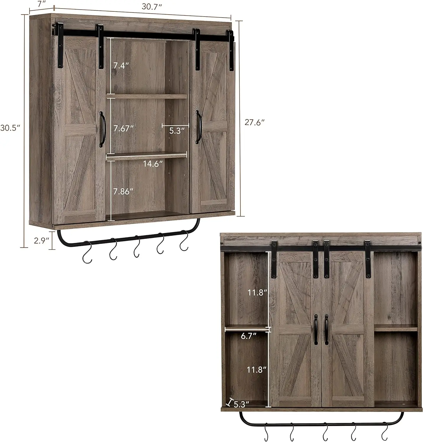 Rustic Wood Wall Storage Cabinet with Two Sliding Barn Door, 3-Tier Decorative Farmhouse Vintage Cabinet